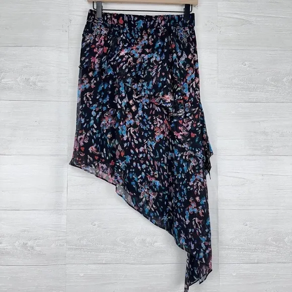 IRO Blink Skirt Floral Black Elastic Waist Tiered High Low Ruffled Size S EU 36