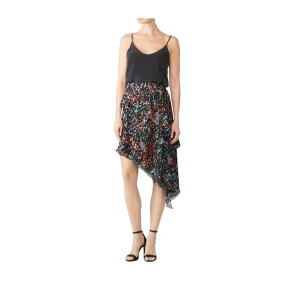 IRO Blink Skirt Floral Black Elastic Waist Tiered High Low Ruffled Size S EU 36