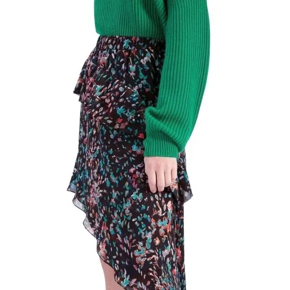 IRO Blink Skirt Floral Black Elastic Waist Tiered High Low Ruffled Size S EU 36