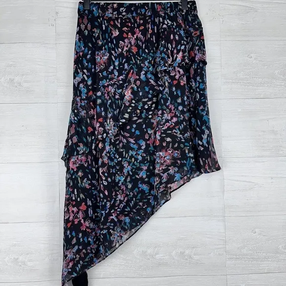 IRO Blink Skirt Floral Black Elastic Waist Tiered High Low Ruffled Size S EU 36