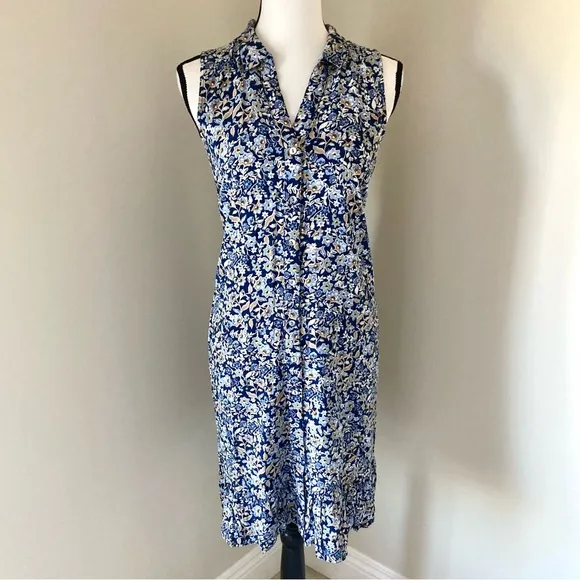 J.Jill Ruffled Hem Blue Floral Sleeveless Button Down Front Shirtdress Size M