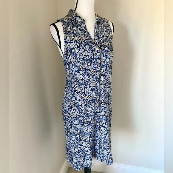 J.Jill Ruffled Hem Blue Floral Sleeveless Button Down Front Shirtdress Size M