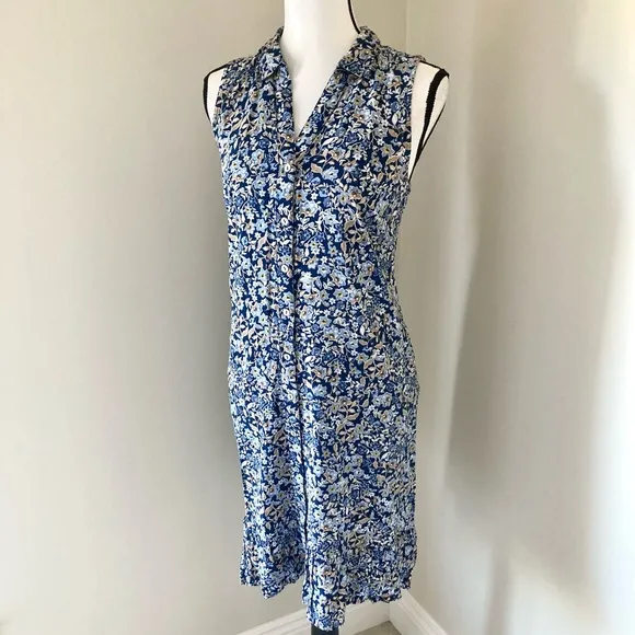 J.Jill Ruffled Hem Blue Floral Sleeveless Button Down Front Shirtdress Size M