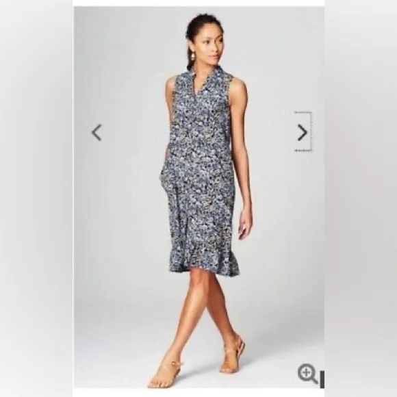 J.Jill Ruffled Hem Blue Floral Sleeveless Button Down Front Shirtdress Size M
