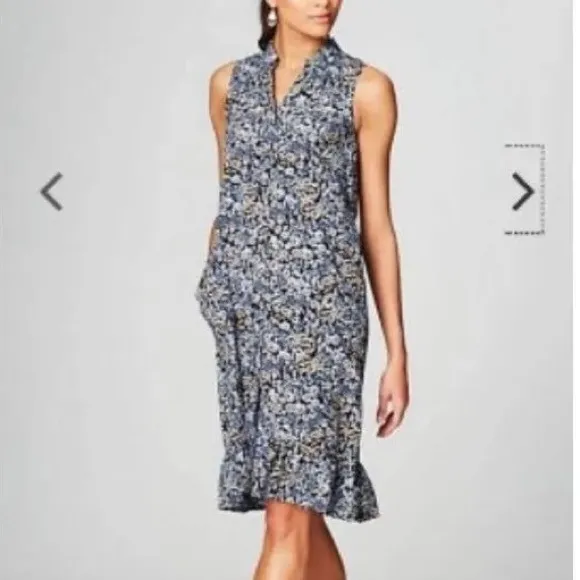 J.Jill Ruffled Hem Blue Floral Sleeveless Button Down Front Shirtdress Size M