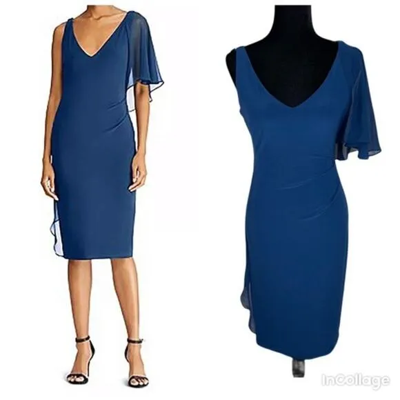 LAUREN RALPH LAUREN Teal Ruffled One shoulder V-Neckline Midi Dress Size 14