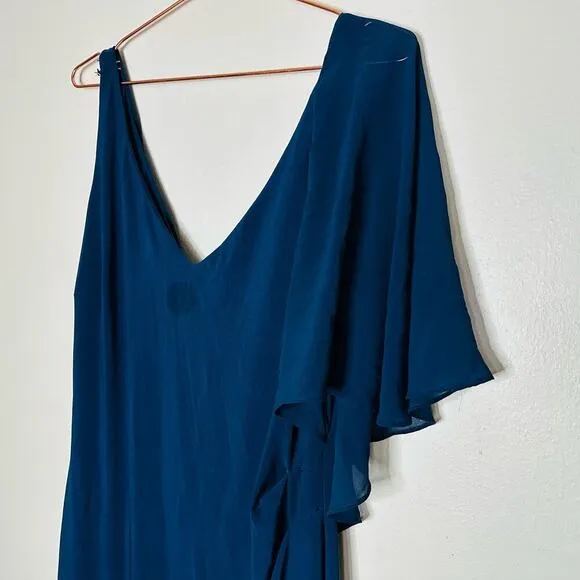 LAUREN RALPH LAUREN Teal Ruffled One shoulder V-Neckline Midi Dress Size 14