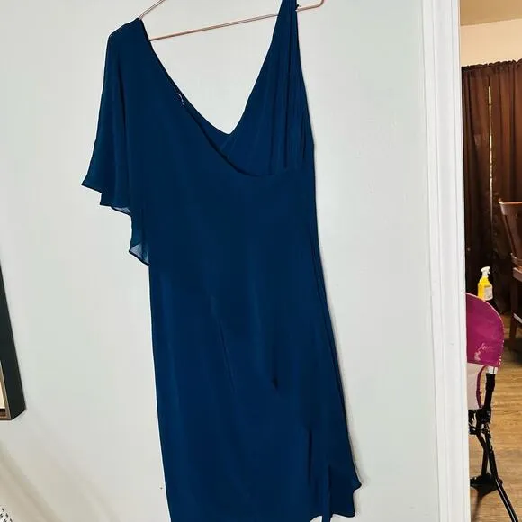 LAUREN RALPH LAUREN Teal Ruffled One shoulder V-Neckline Midi Dress Size 14