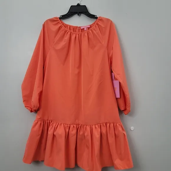 LDT Rachel Jewel Neck 3/4 Sleeve Ruffled Poof Waistless Dress