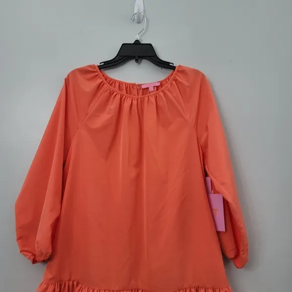 LDT Rachel Jewel Neck 3/4 Sleeve Ruffled Poof Waistless Dress