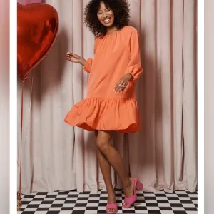 LDT Rachel Jewel Neck 3/4 Sleeve Ruffled Poof Waistless Dress