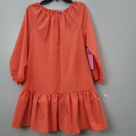 LDT Rachel Jewel Neck 3/4 Sleeve Ruffled Poof Waistless Dress