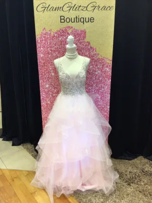 Light Blush Pink V Cut Ruffled With Rhinestone Gown