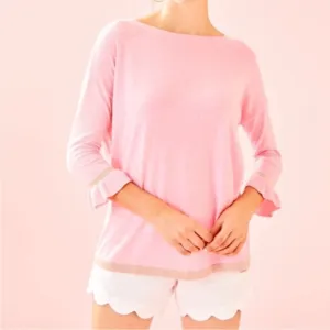 Lilly Pulitzer Charla Sweater Pink and Gold Size S Coral Reef Tint Ruffle Cuff