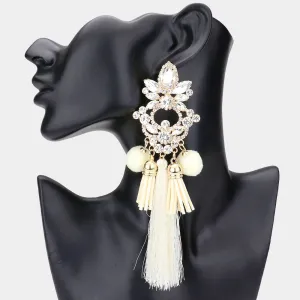 Long Fun Fashion Earrings with Ivory Pom Pom and Tassel | Runway Earrings | 543466