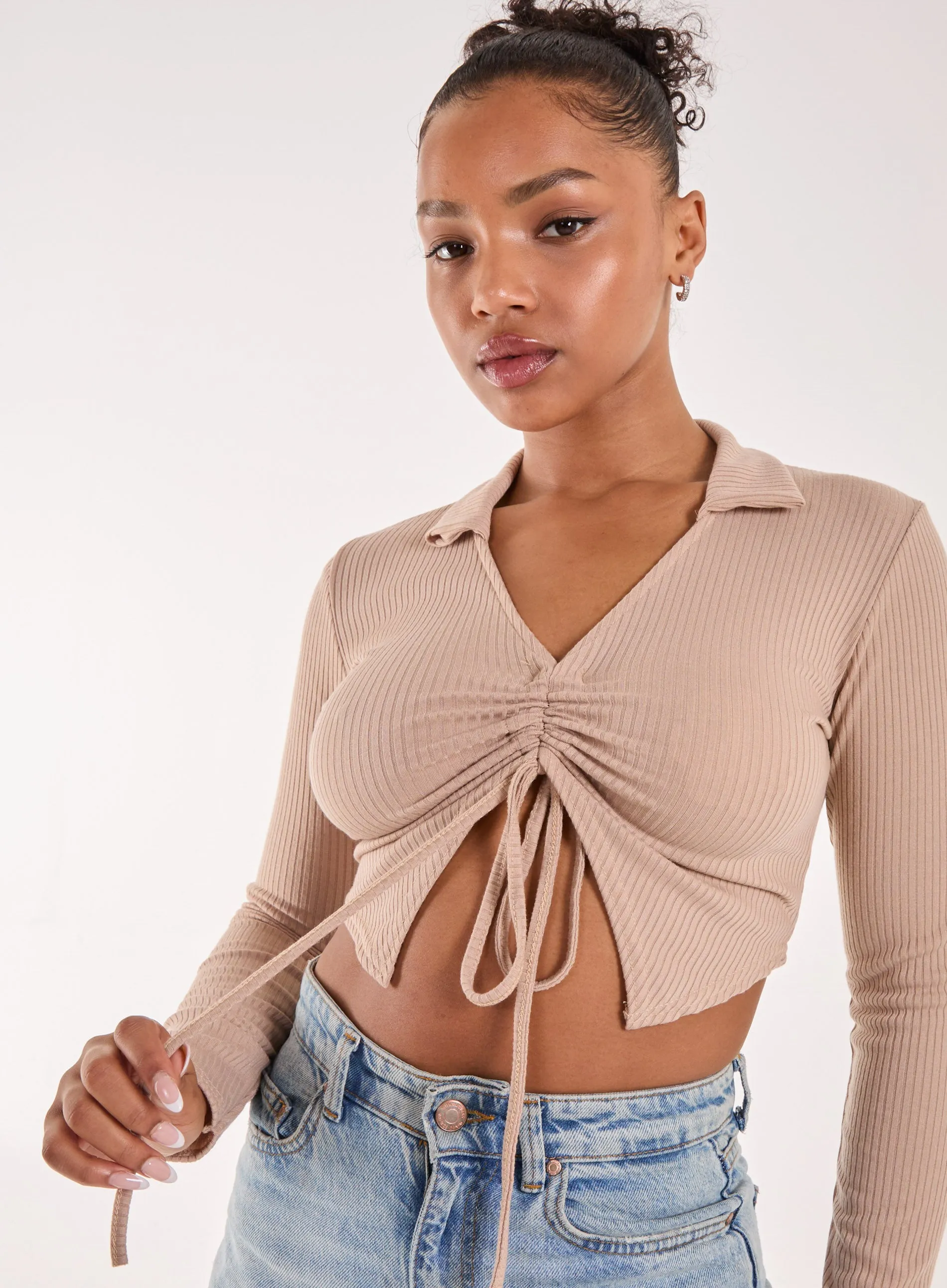 Long Sleeve Gathered Rib Top