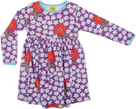 Long Sleeved Gathered Dress Flower Orchid Purple