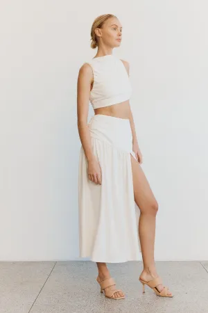 MARBLE GATHERED SIDE MIDI SKIRT | OFF WHITE
