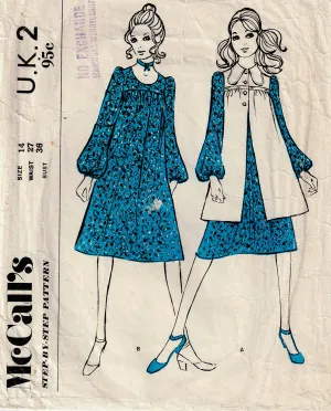 McCall's UK 2 Womens Smock Dress with Optional Dog Eared Collar 1970s Vintage Sewing Pattern Size 14 Bust 36 inches