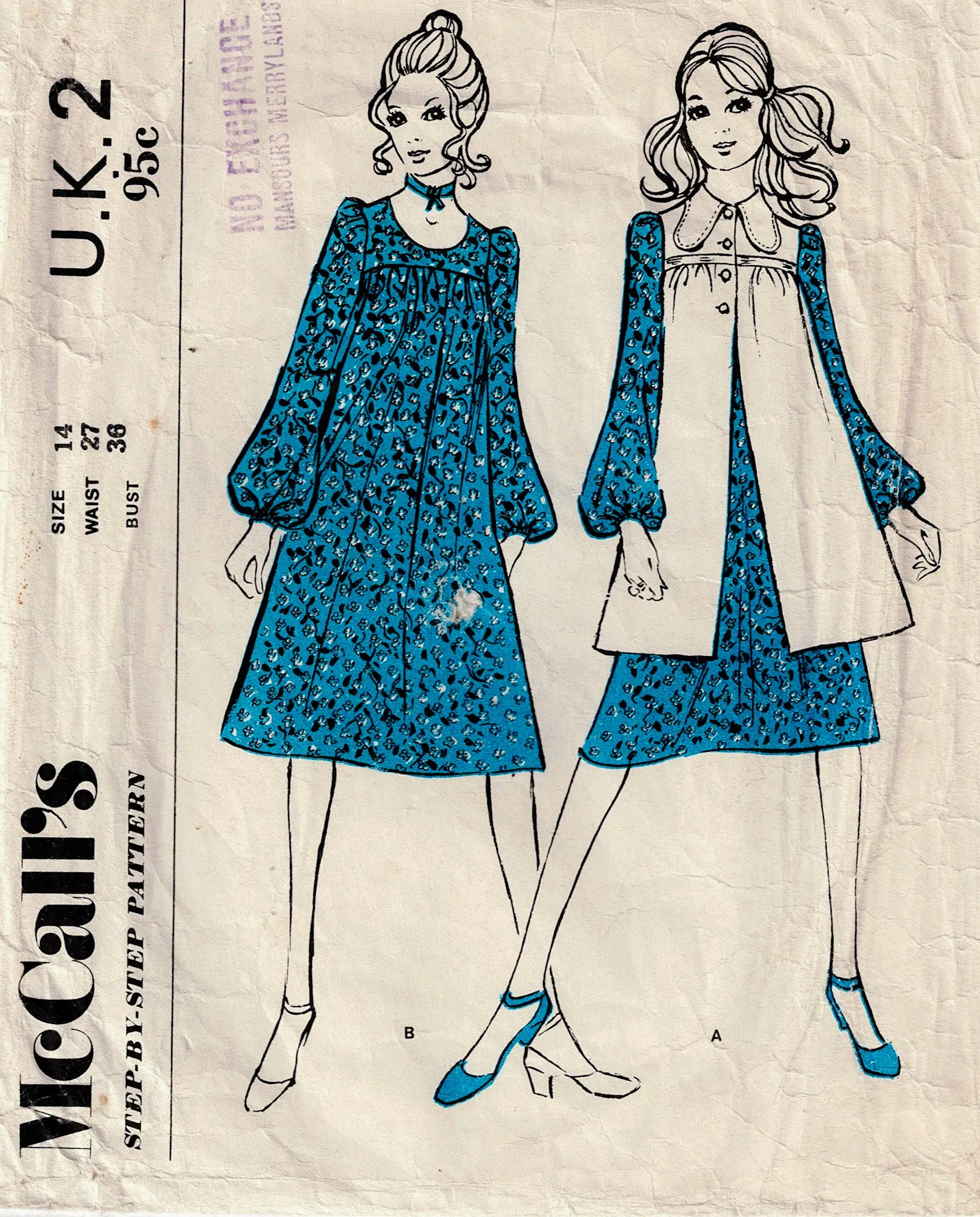 McCall's UK 2 Womens Smock Dress with Optional Dog Eared Collar 1970s Vintage Sewing Pattern Size 14 Bust 36 inches