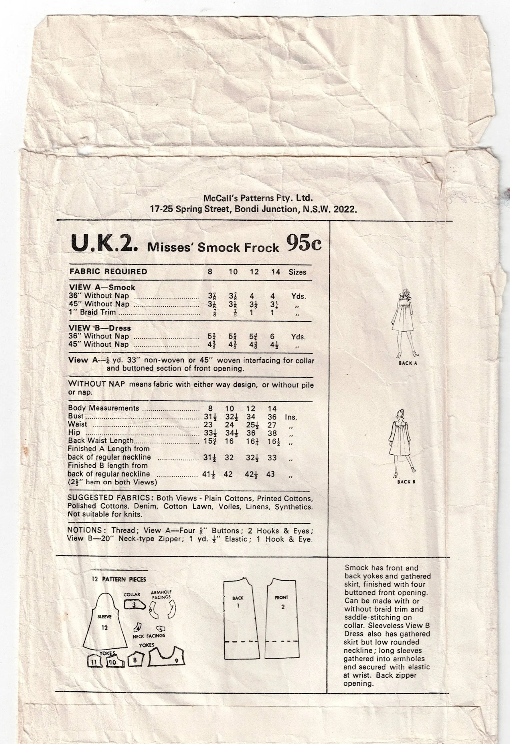 McCall's UK 2 Womens Smock Dress with Optional Dog Eared Collar 1970s Vintage Sewing Pattern Size 14 Bust 36 inches