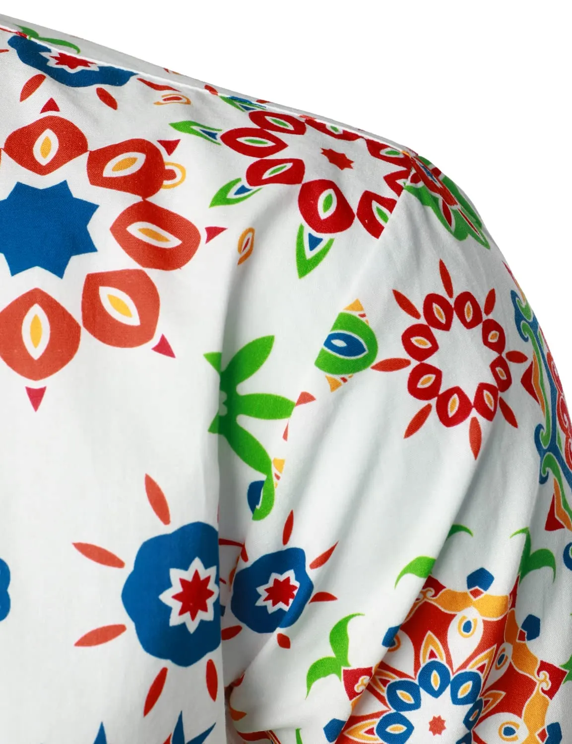 Men's Floral Print Cotton Breathable White Flower Button Up Long Sleeve Dress Shirt