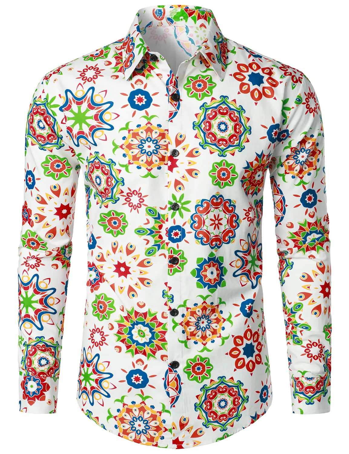 Men's Floral Print Cotton Breathable White Flower Button Up Long Sleeve Dress Shirt