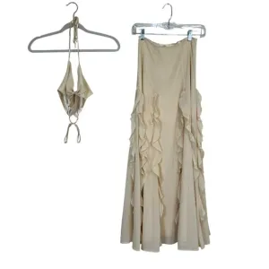 Meshki Womens Ruffled Skirt &amp; Bikini Top Set  Cream Color Size XXS