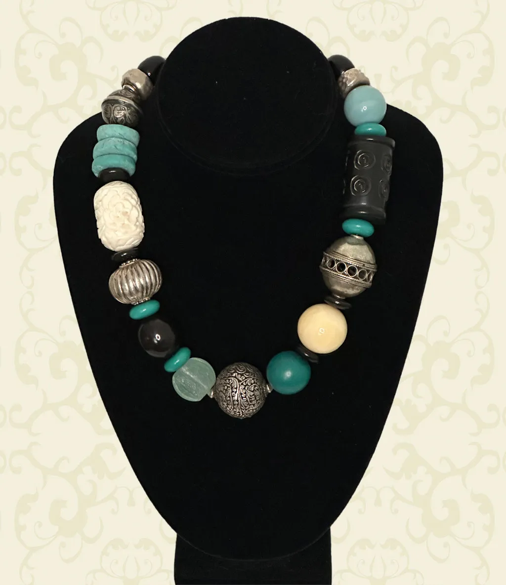Mixed-Bead Black and Turquoise Statement Necklace