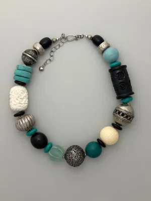 Mixed-Bead Black and Turquoise Statement Necklace