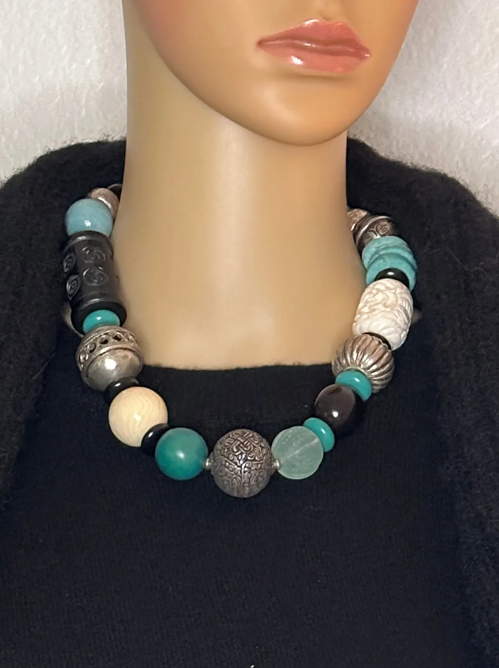Mixed-Bead Black and Turquoise Statement Necklace