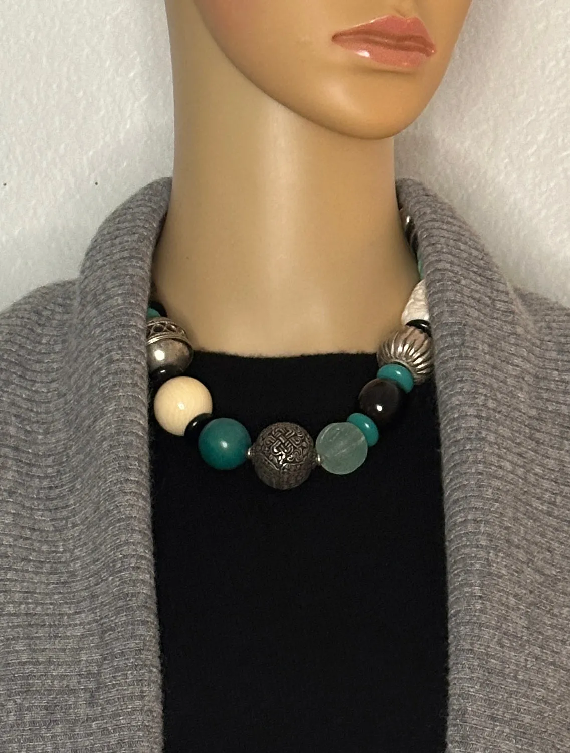 Mixed-Bead Black and Turquoise Statement Necklace