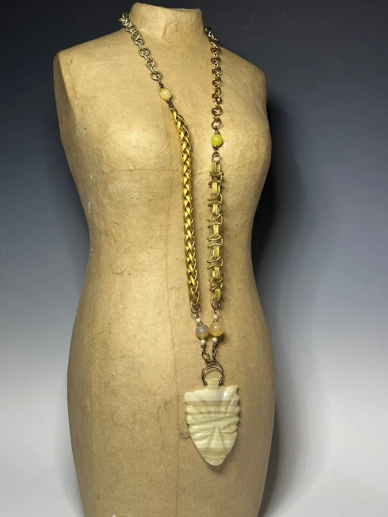 MIXED BRASS CHAIN NECKLACE WITH CARED STONE MASK PENDANT STATEMENT NECKLACE LCN744