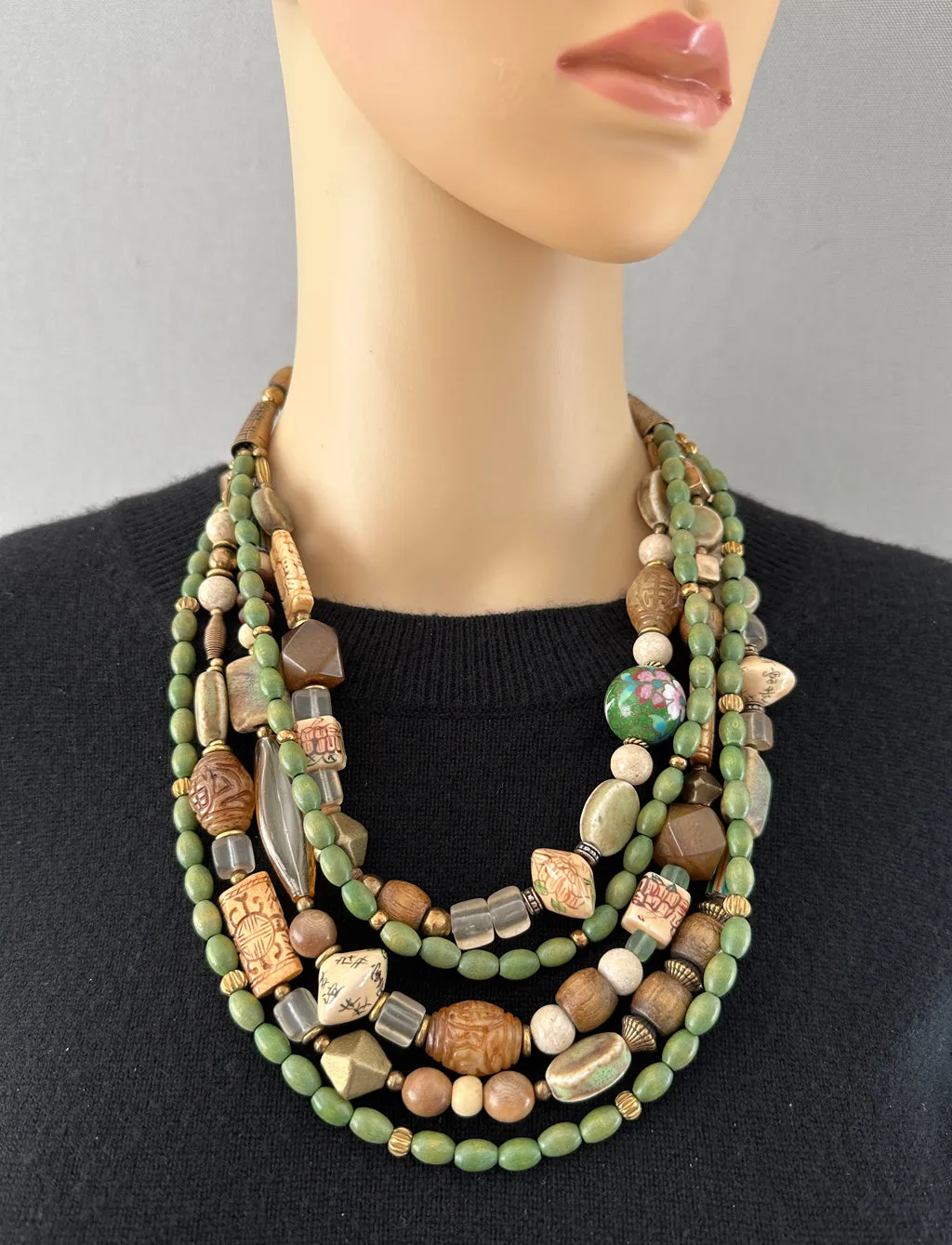 Multi-Strand Mixed Beads and Brass Statement Necklace