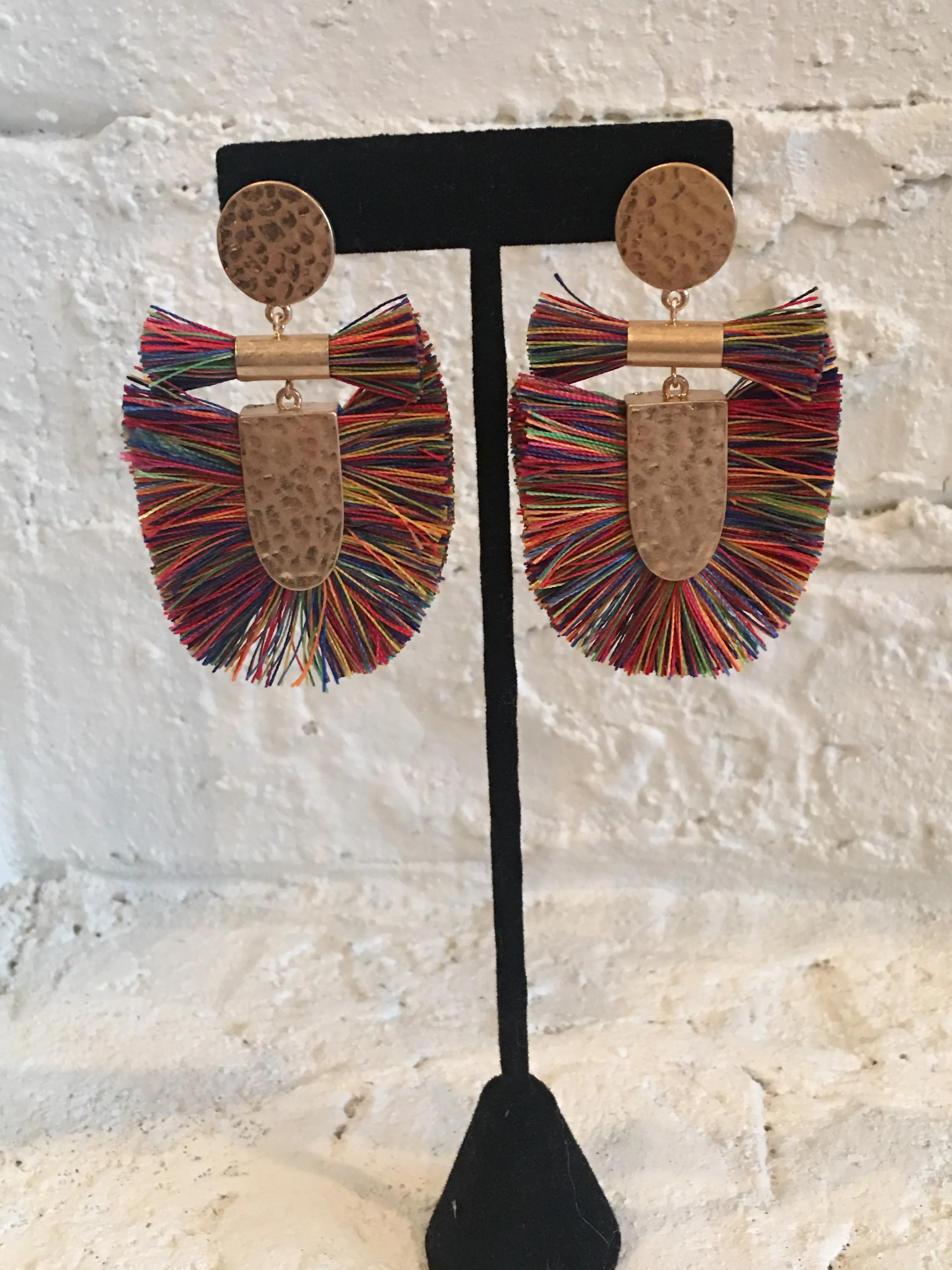 Multicolor Fringe Earrings on Hammered Gold