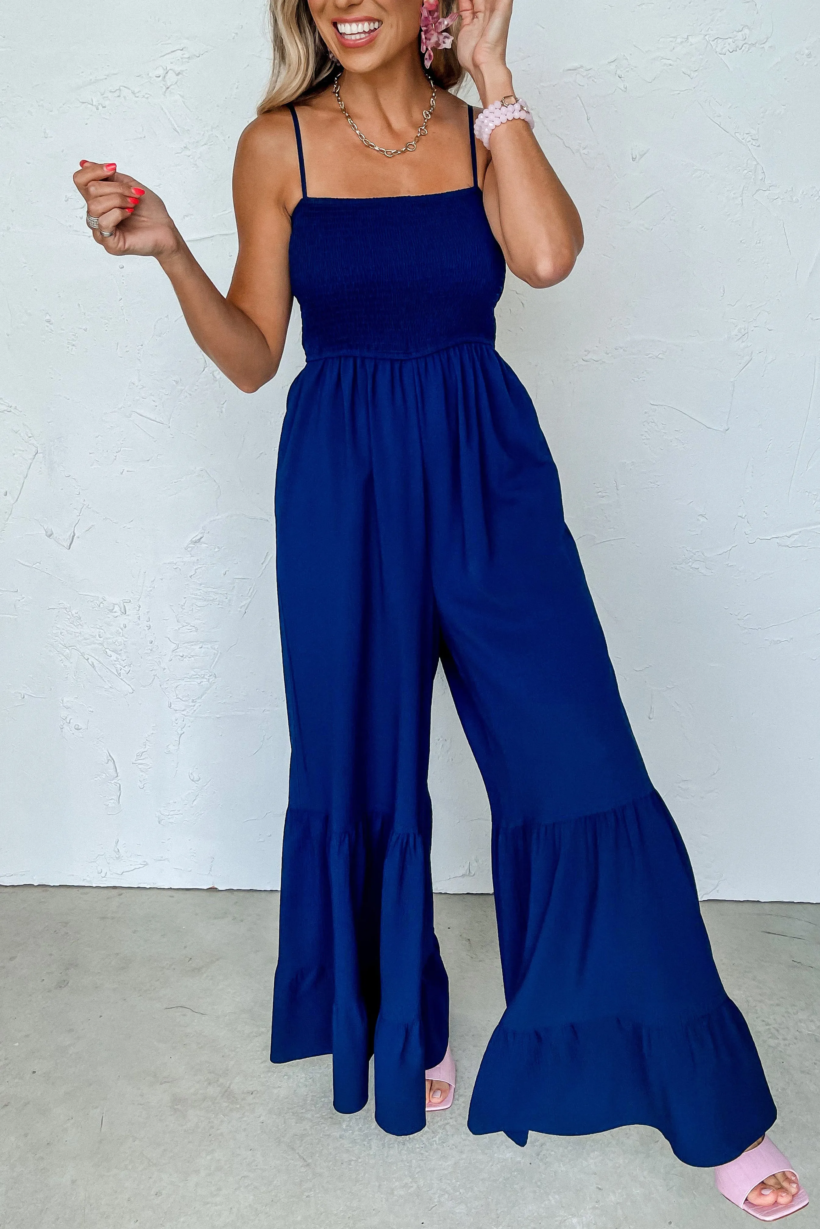 Navy Blue Spaghetti Straps Smocked Ruffled Wide Leg Jumpsuit