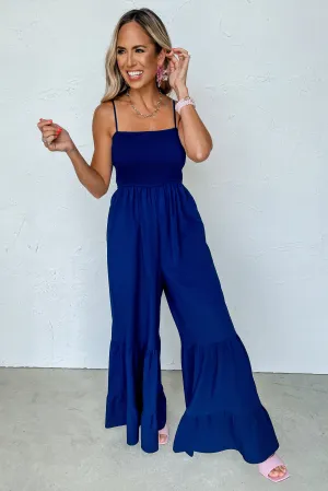 Navy Blue Spaghetti Straps Smocked Ruffled Wide Leg Jumpsuit