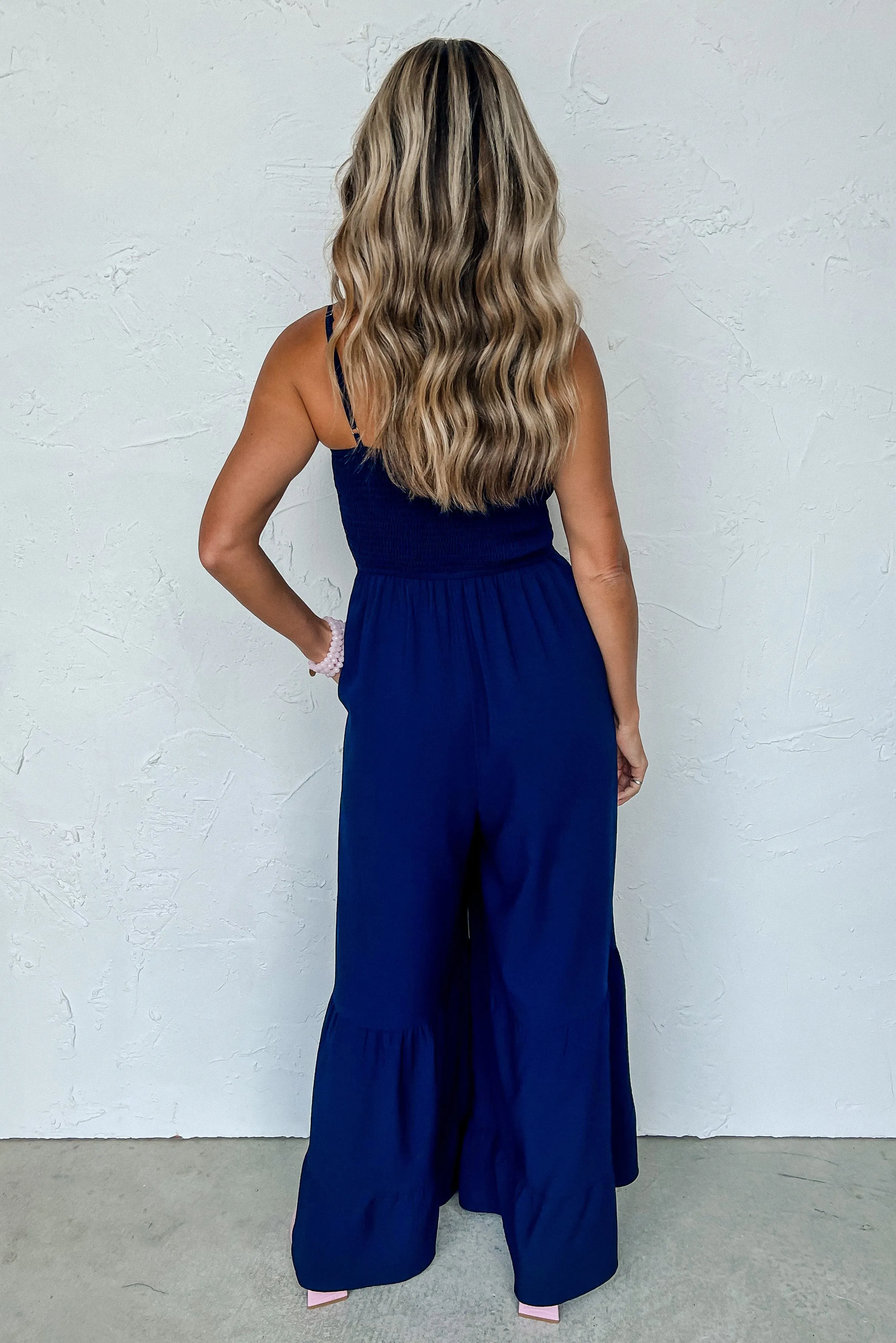 Navy Blue Spaghetti Straps Smocked Ruffled Wide Leg Jumpsuit