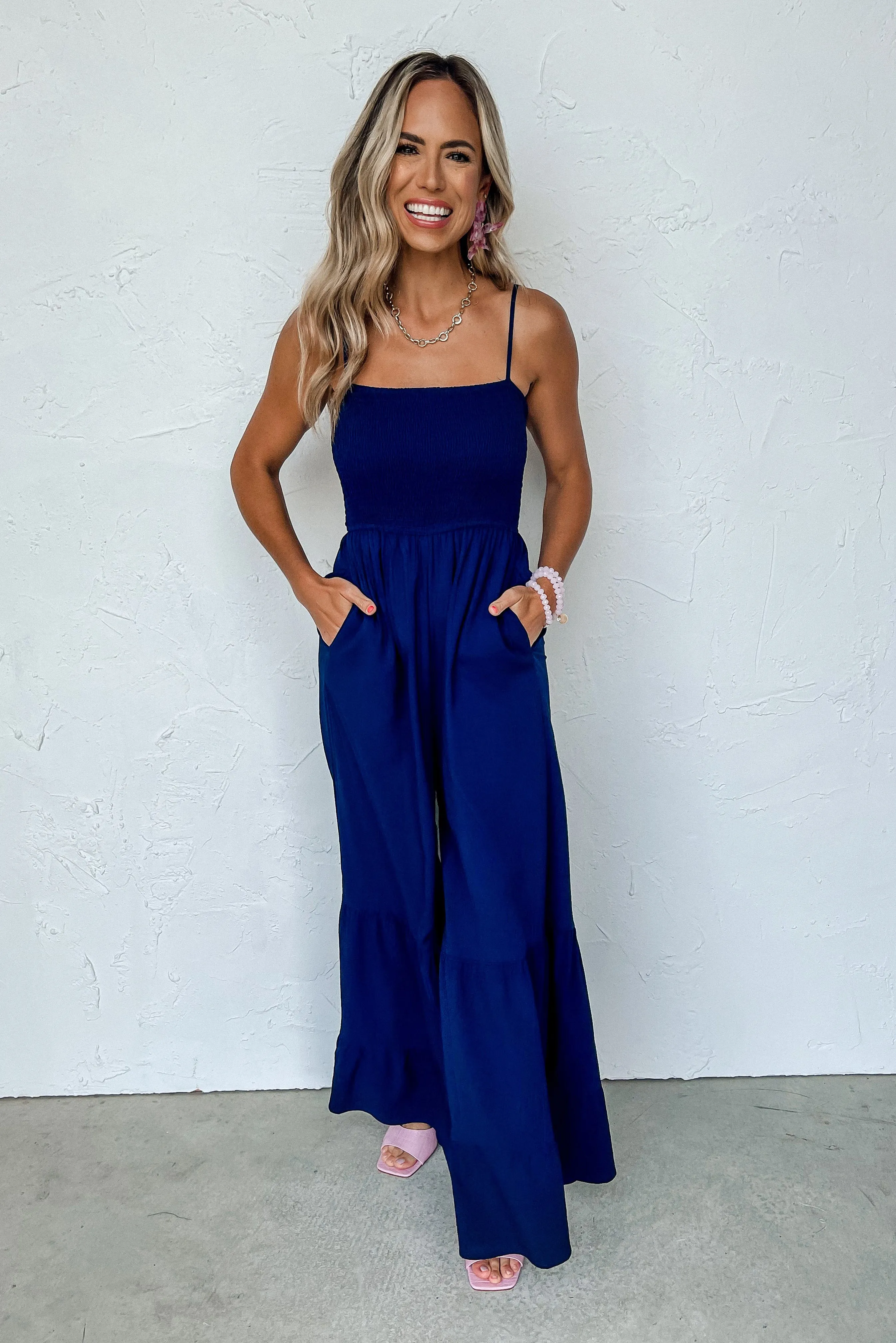 Navy Blue Spaghetti Straps Smocked Ruffled Wide Leg Jumpsuit