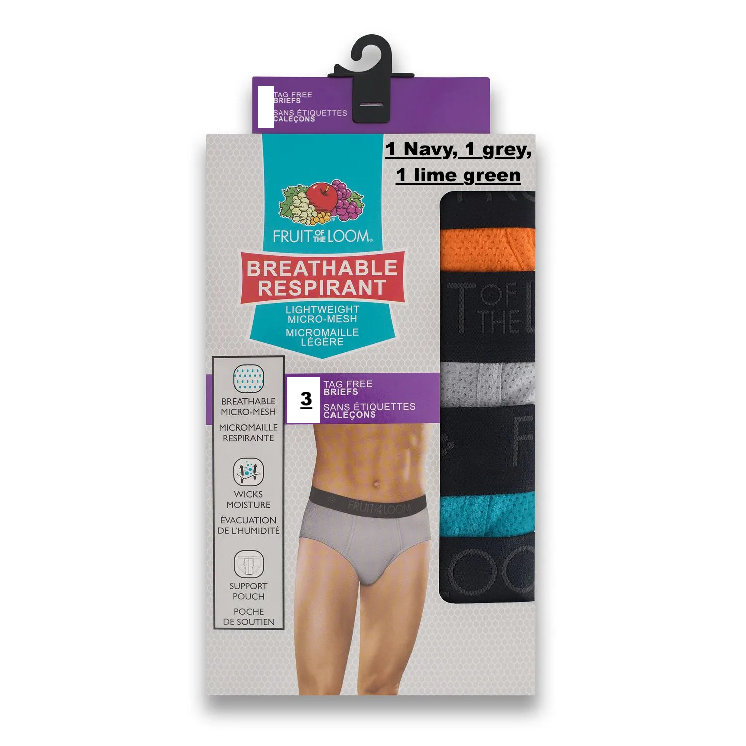 New no package! Fruit of the Loom Men's Breathable 3 Pack Micro-Mesh Brief, includes 1 Navy, grey & Lime Green, Sz M!