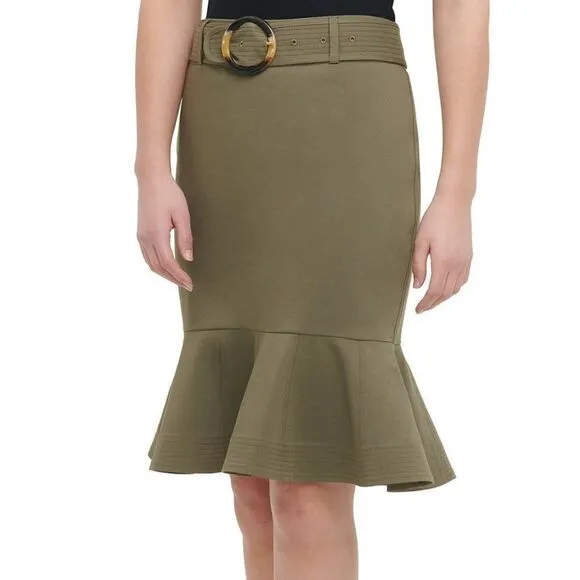 NEW! Calvin Klein Belted Ruffle-Hem Skirt size 4 in Olive Green