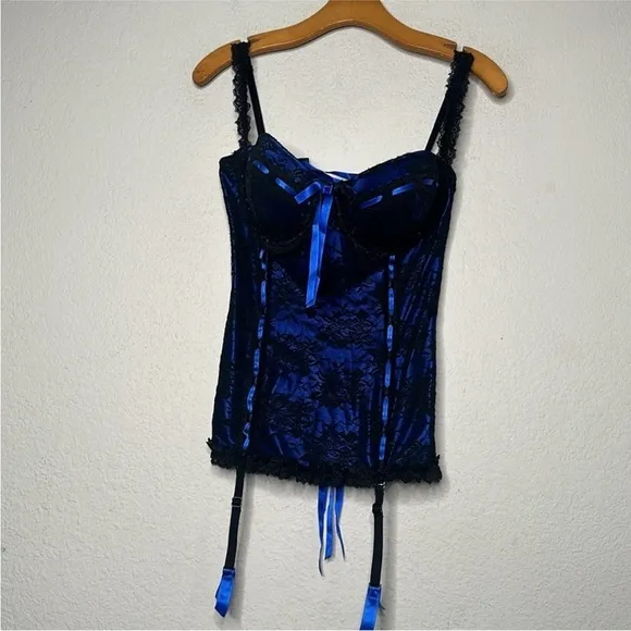 NWOT VTG Y2K Fredericks of Hollywood Lace Corset Bustier Blue Black Coquette LRG