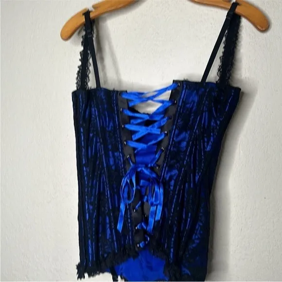 NWOT VTG Y2K Fredericks of Hollywood Lace Corset Bustier Blue Black Coquette LRG