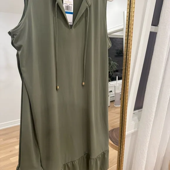 NWT MICHAEL KORS IVY GREEN V-NECK TIE FRONT RUFFLED HEM DRESS SZ XL MSRP $98.00