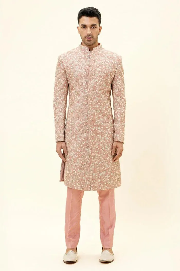 OLD ROSE SELF EMBROIDERED SHERWANI WITH PANTS
