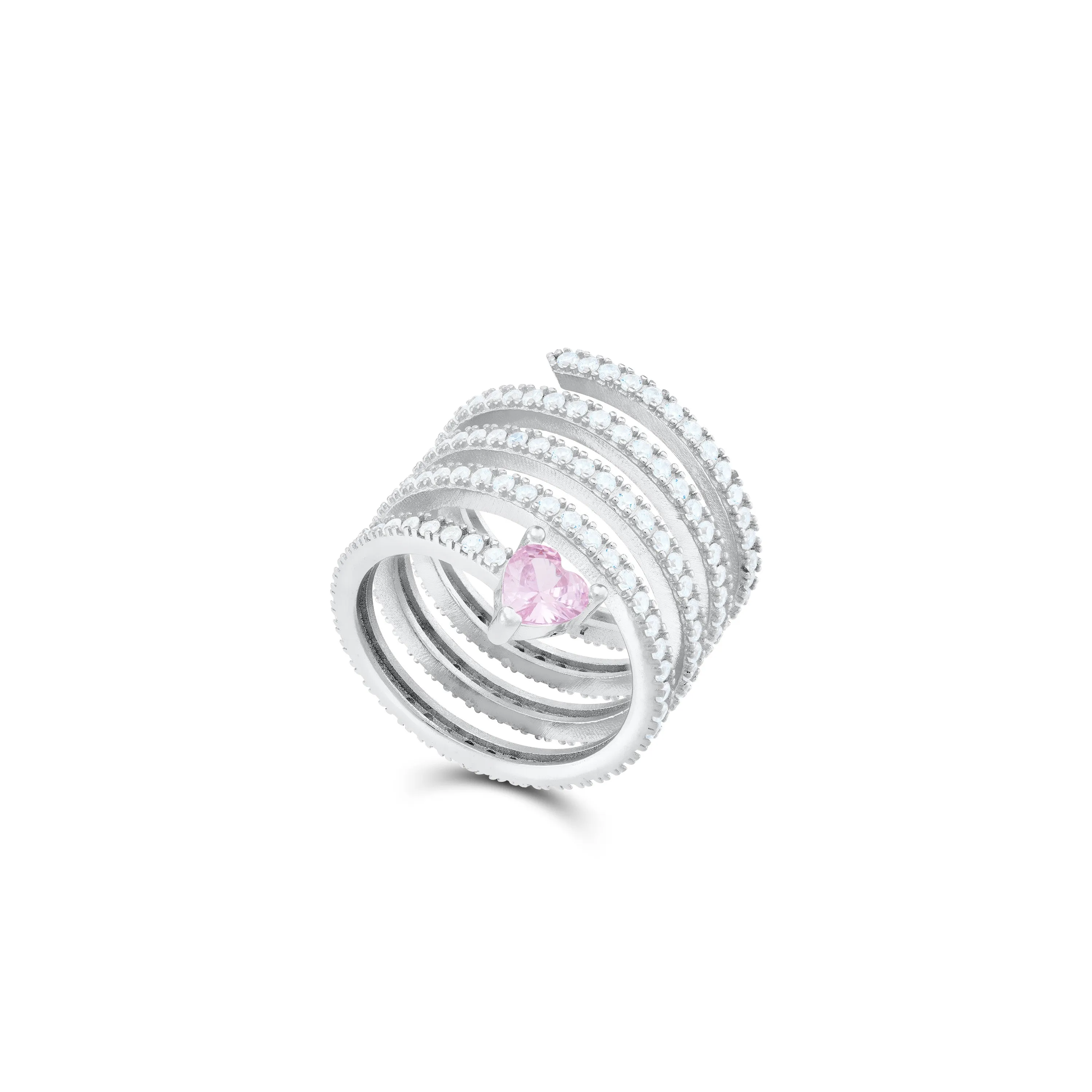 One Heart Cubic Zirconia Spiral Ring - Silver Light Pink And White