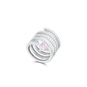 One Heart Cubic Zirconia Spiral Ring - Silver Light Pink And White