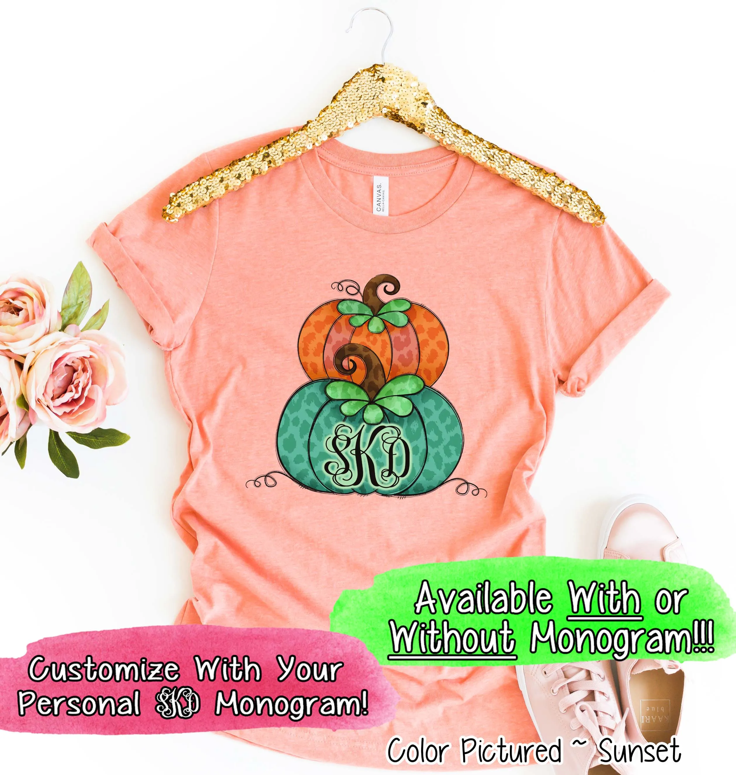 Orange & Green Leopard Stacked Pumpkin Monogram Tee