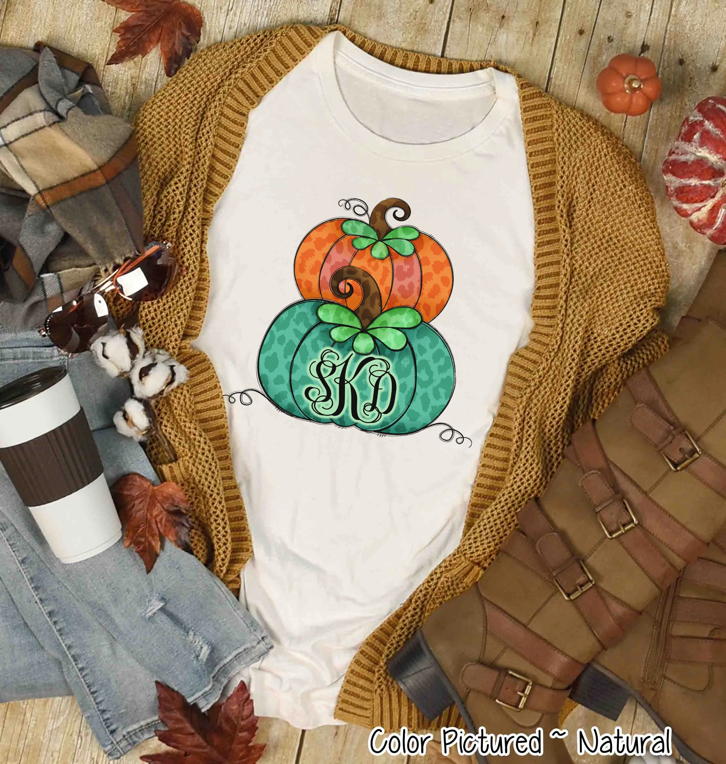 Orange & Green Leopard Stacked Pumpkin Monogram Tee