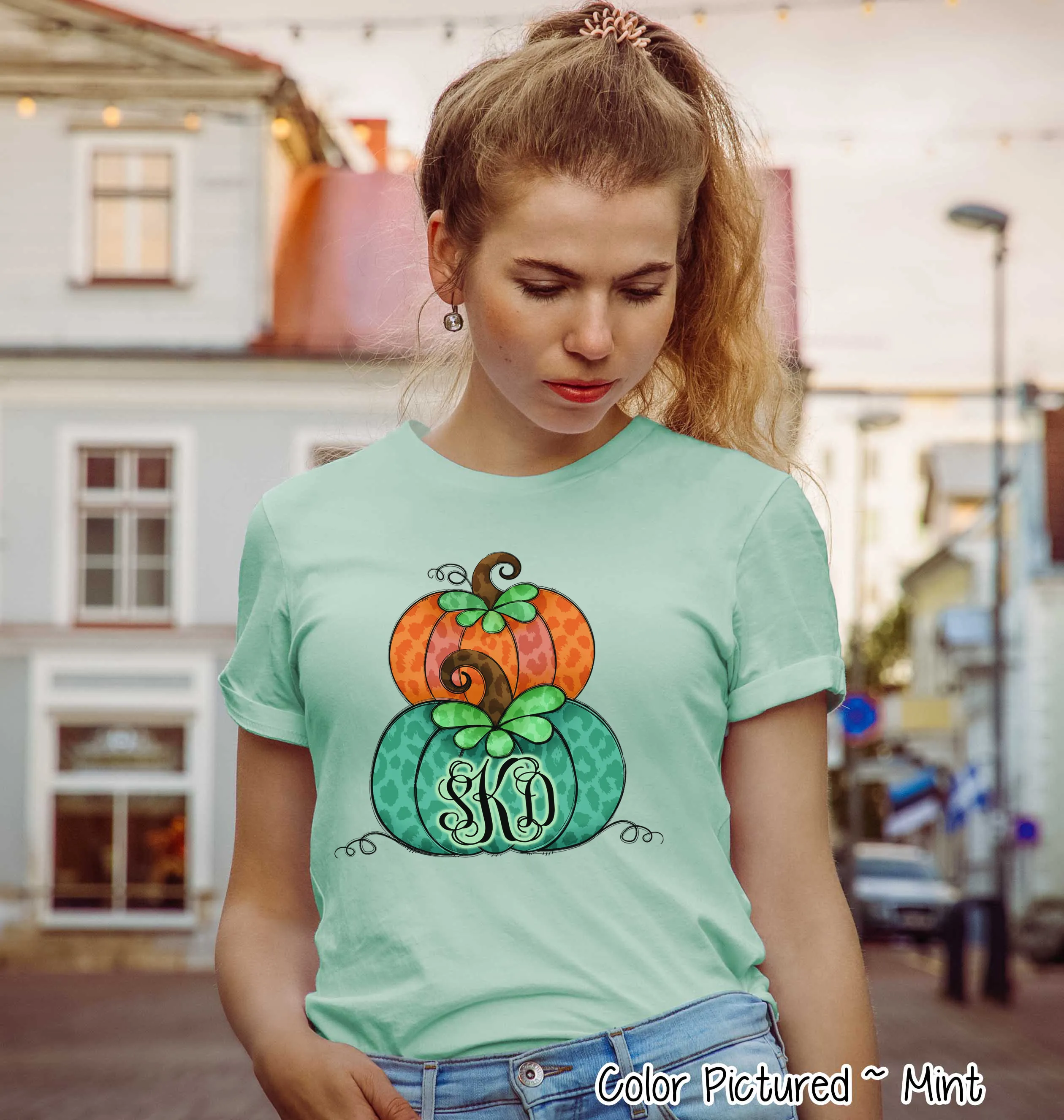 Orange & Green Leopard Stacked Pumpkin Monogram Tee
